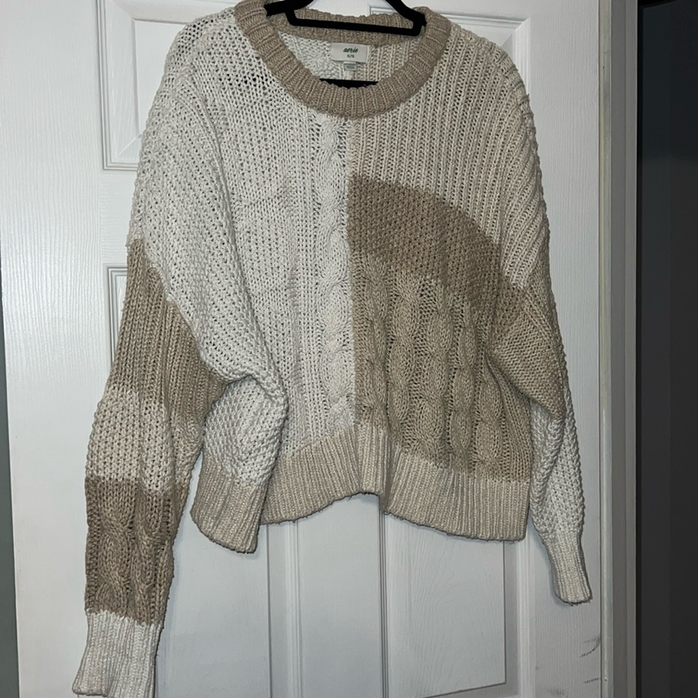 Aerie Patchwork Crew Neck Cable Knit Sweater - image 1